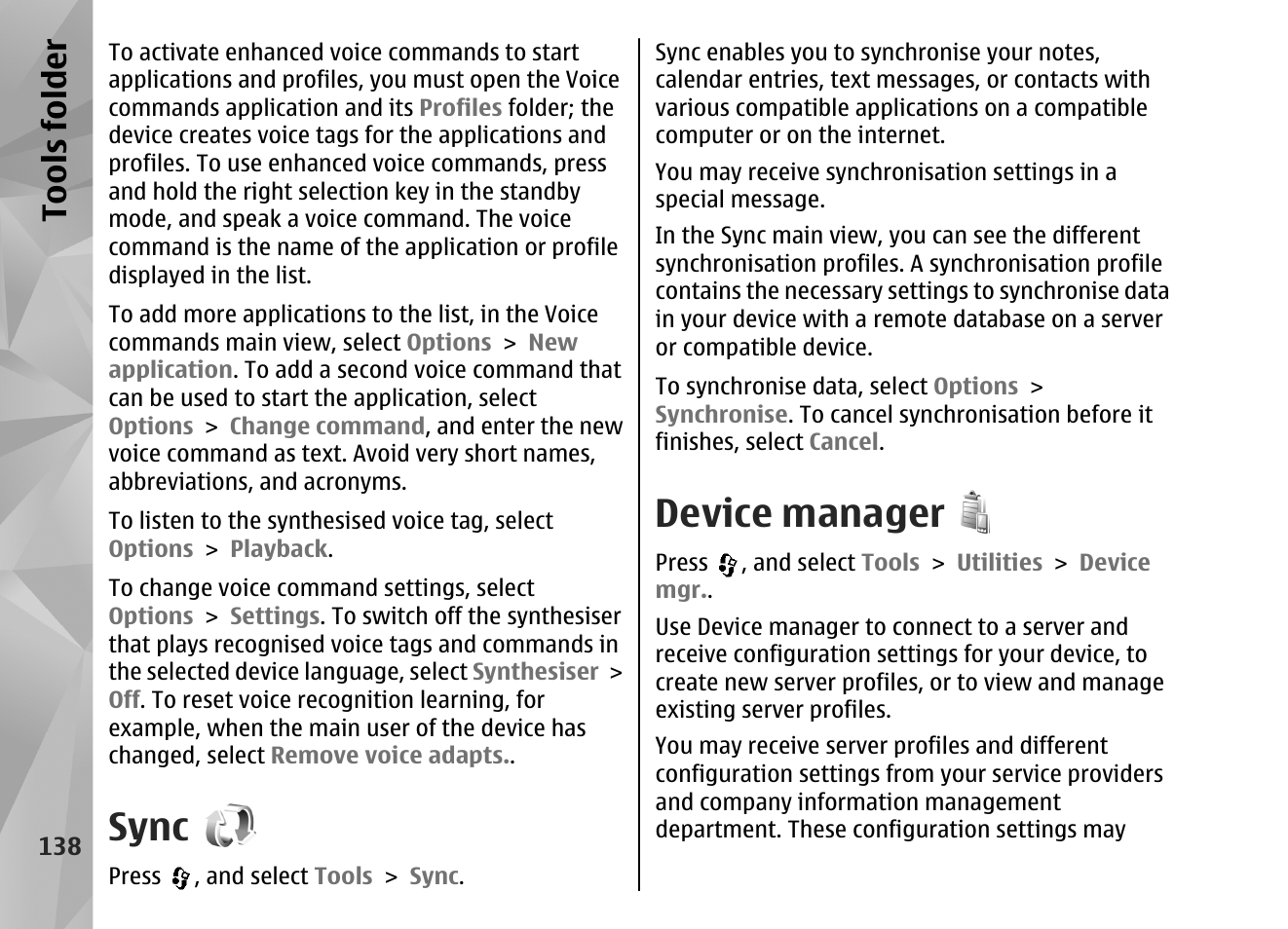 Sync, Device manager | Nokia N82 User Manual | Page 138 / 171