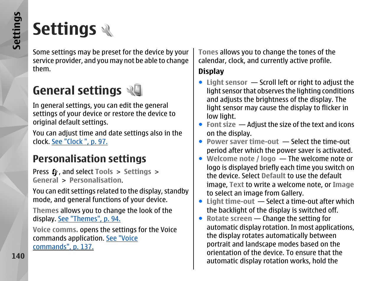 Settings, General settings, Personalisation settings | Personalisation settings", p. 140, Se ttings | Nokia N82 User Manual | Page 140 / 171