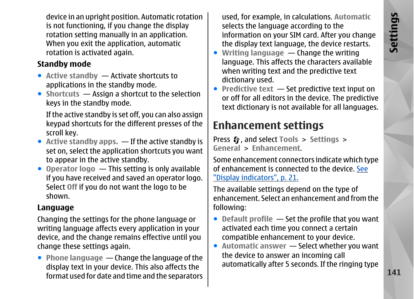 Enhancement settings, Enhancement settings", p. 141, Se ttings | Nokia N82 User Manual | Page 141 / 171