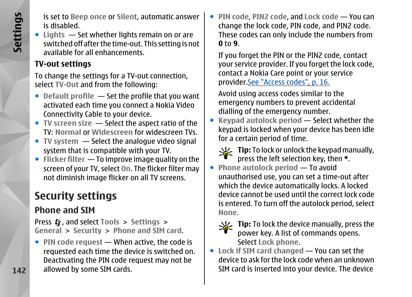 Security settings, Phone and sim, Se ttings | Nokia N82 User Manual | Page 142 / 171