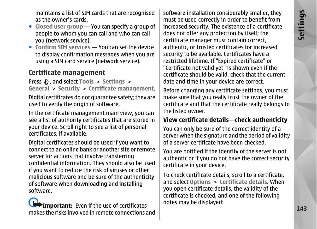 Certificate management, Se ttings | Nokia N82 User Manual | Page 143 / 171