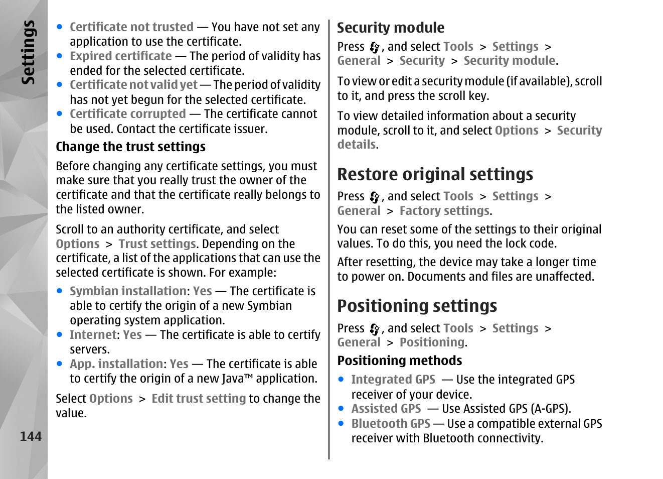 Security module, Restore original settings, Positioning settings | Se ttings | Nokia N82 User Manual | Page 144 / 171