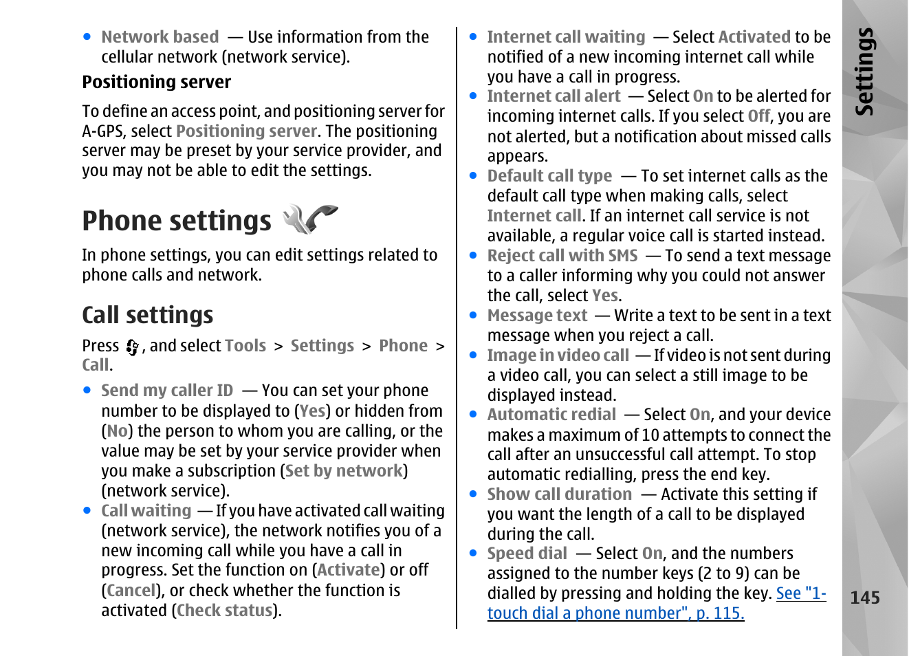 Phone settings, Call settings, Se ttings | Nokia N82 User Manual | Page 145 / 171