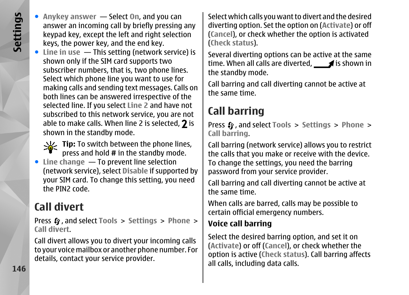 Call divert, Call barring, Se ttings | Nokia N82 User Manual | Page 146 / 171