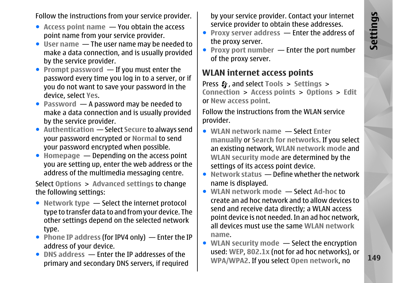 Wlan internet access points, Se ttings | Nokia N82 User Manual | Page 149 / 171