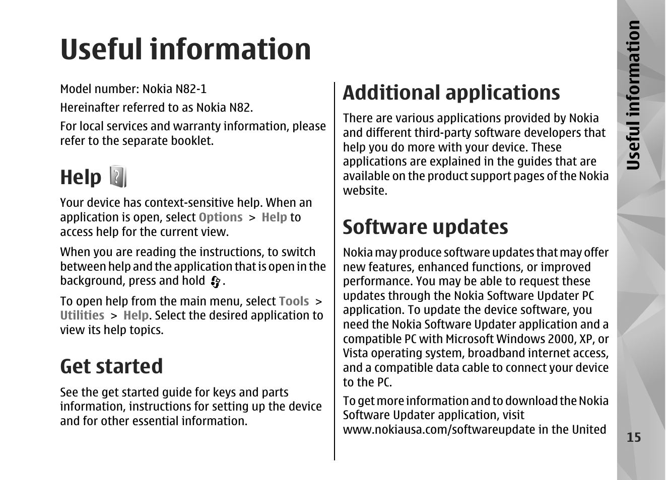 Useful information, Help, Get started | Additional applications, Software updates, Us efu l in formation | Nokia N82 User Manual | Page 15 / 171