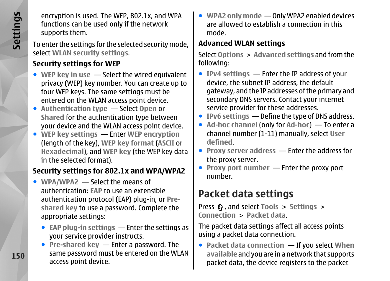 Packet data settings, See "packet data, Settings", p. 150 | Se ttings | Nokia N82 User Manual | Page 150 / 171