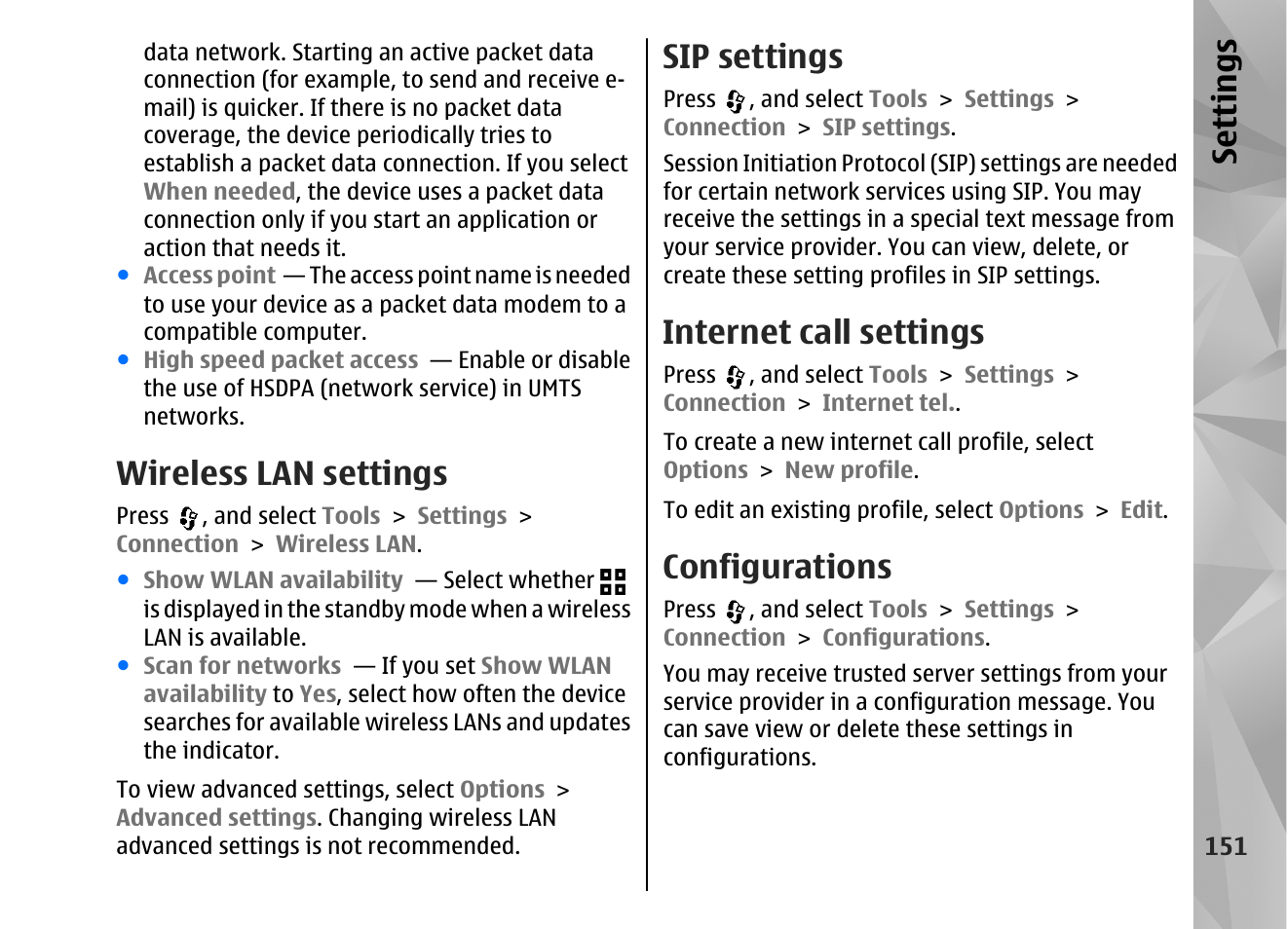 Wireless lan settings, Sip settings, Internet call settings | Configurations, Se ttings | Nokia N82 User Manual | Page 151 / 171