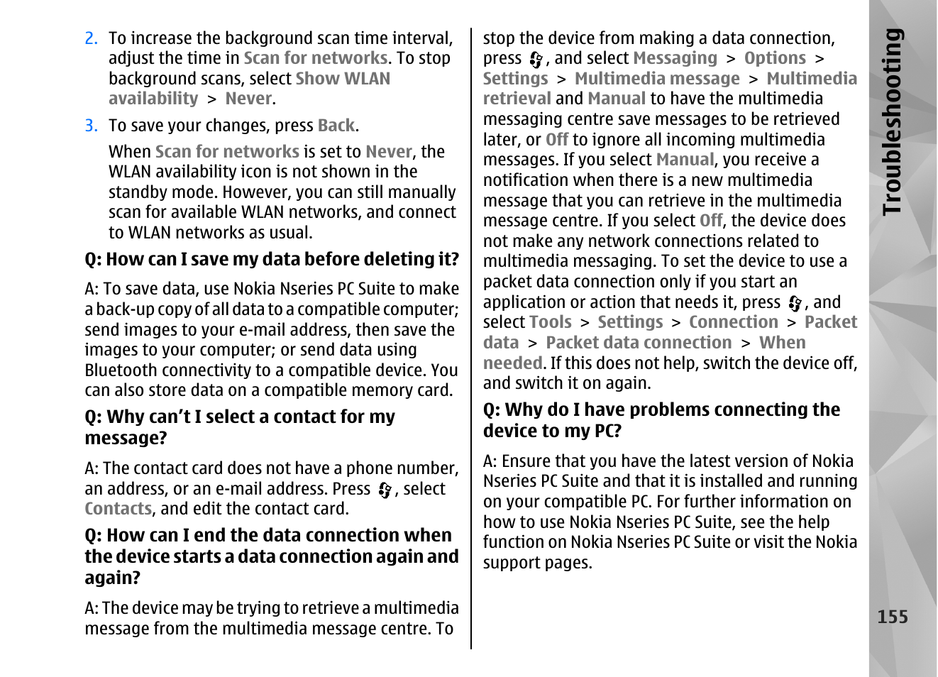 Troubl es hooti ng | Nokia N82 User Manual | Page 155 / 171