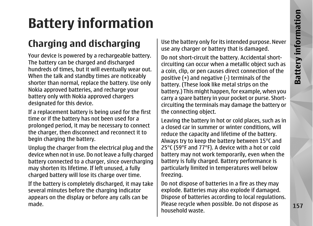 Battery information, Charging and discharging | Nokia N82 User Manual | Page 157 / 171