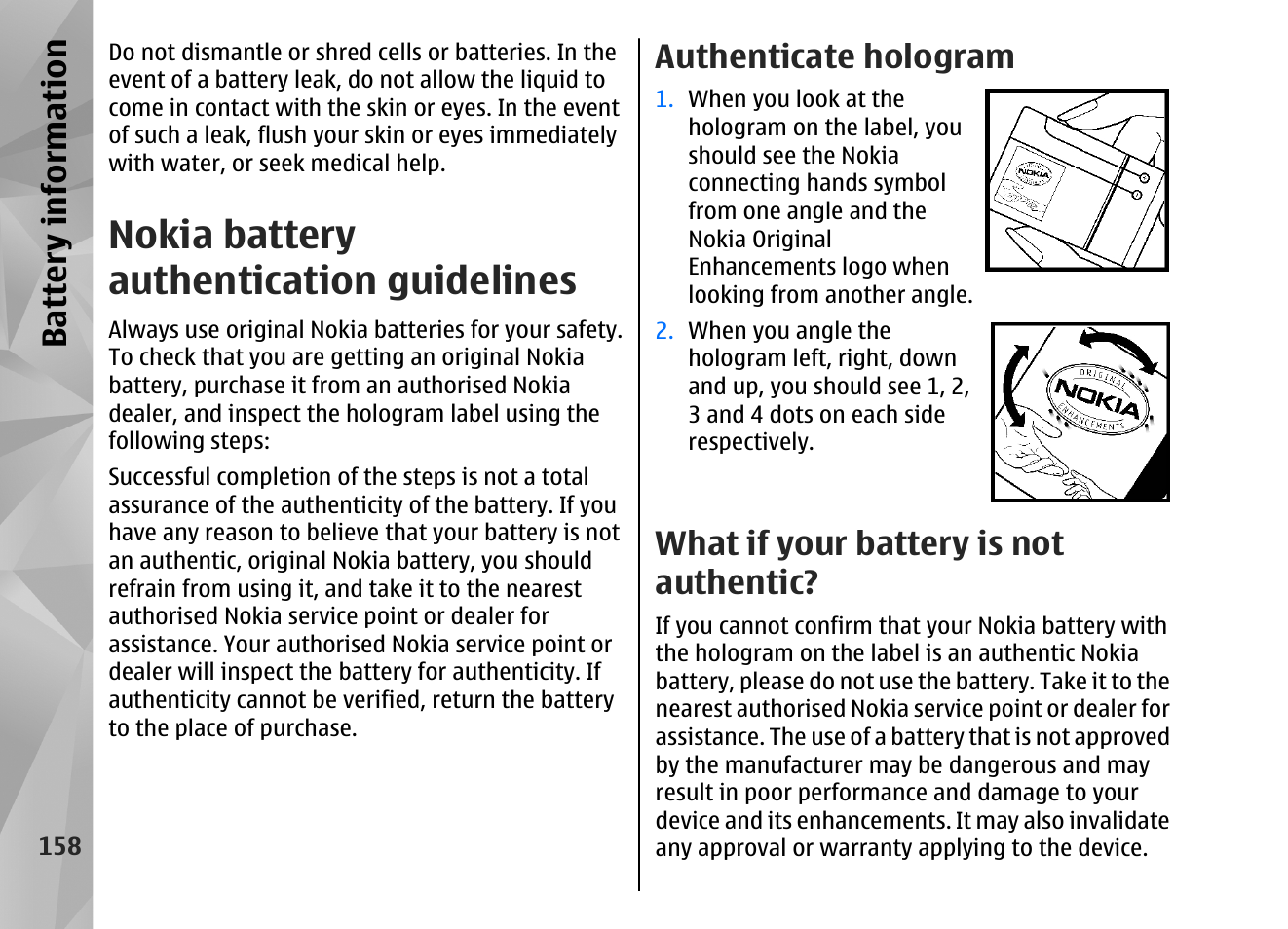 Nokia battery authentication guidelines, Authenticate hologram, What if your battery is not authentic | Battery information | Nokia N82 User Manual | Page 158 / 171