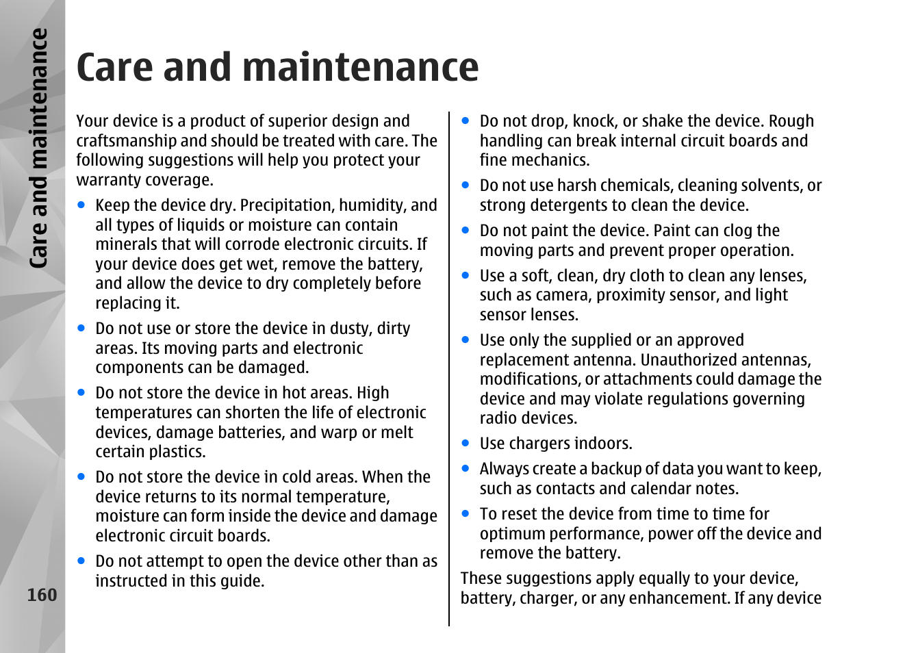 Care and maintenance, Ca re a nd ma intena nce | Nokia N82 User Manual | Page 160 / 171