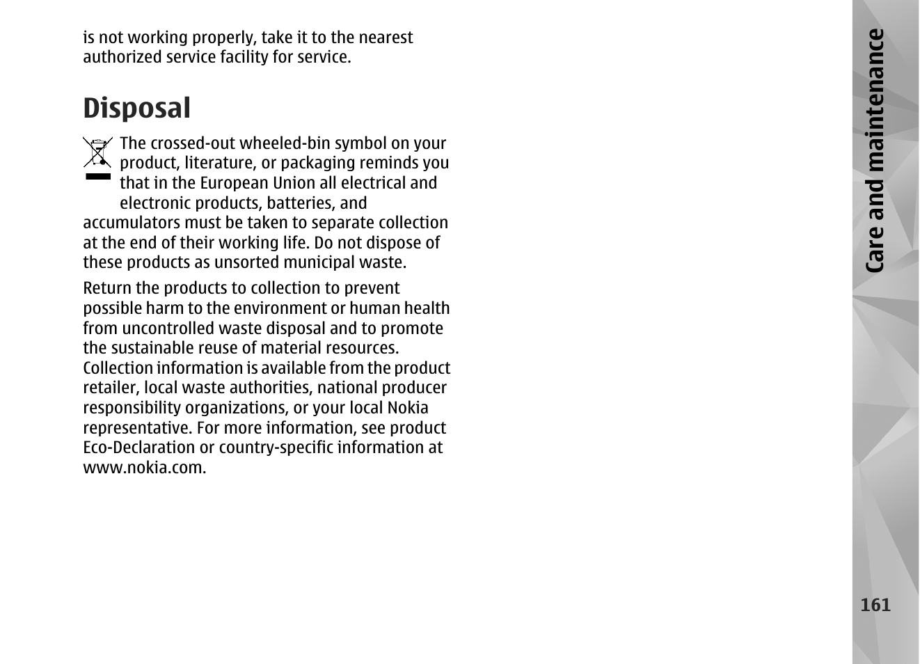 Disposal, Ca re a nd ma intena nce | Nokia N82 User Manual | Page 161 / 171