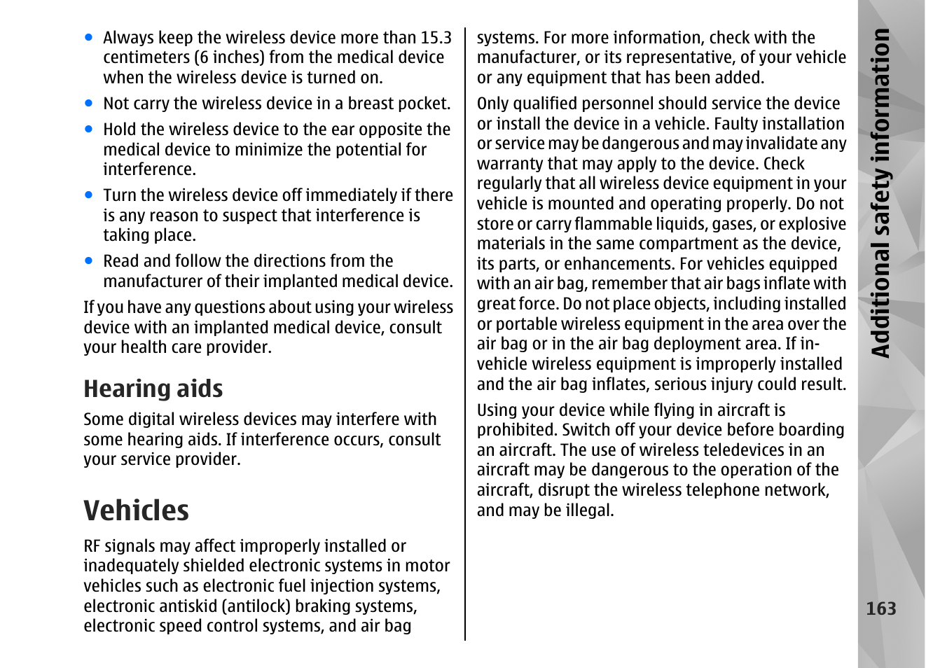 Hearing aids, Vehicles, Additional safety information | Nokia N82 User Manual | Page 163 / 171