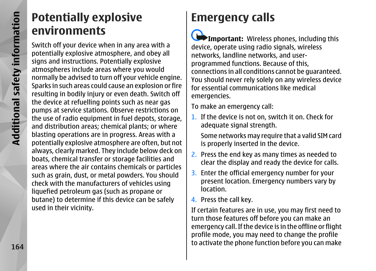 Potentially explosive environments, Emergency calls, Additional safety information | Nokia N82 User Manual | Page 164 / 171