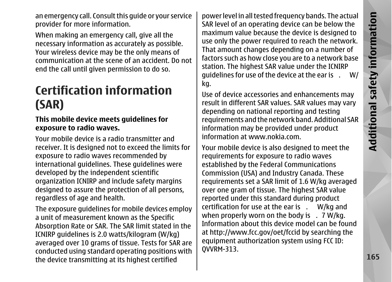 Certification information (sar), Additional safety information | Nokia N82 User Manual | Page 165 / 171