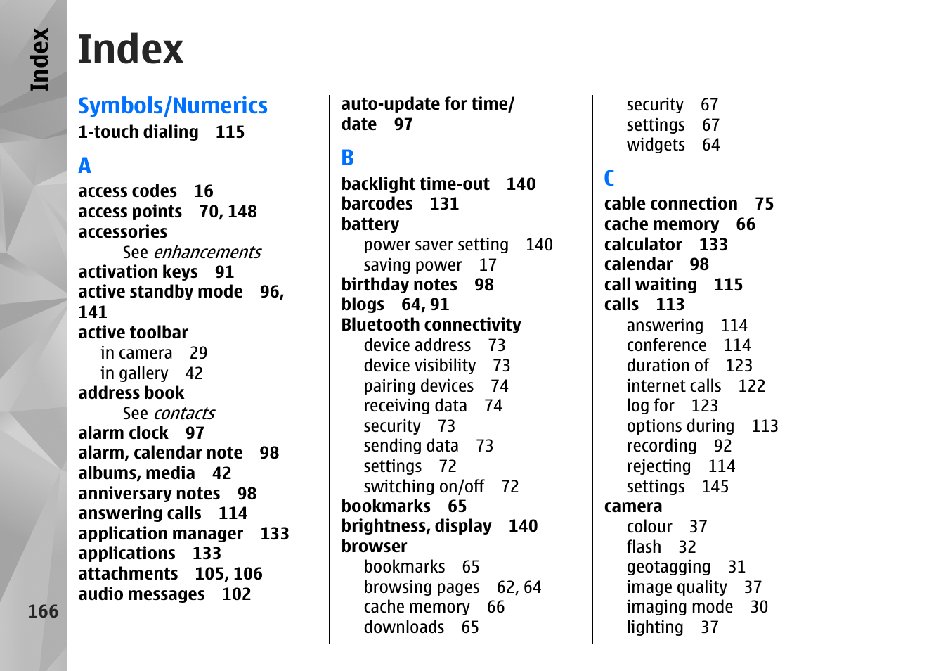 Index, Symbols/numerics | Nokia N82 User Manual | Page 166 / 171