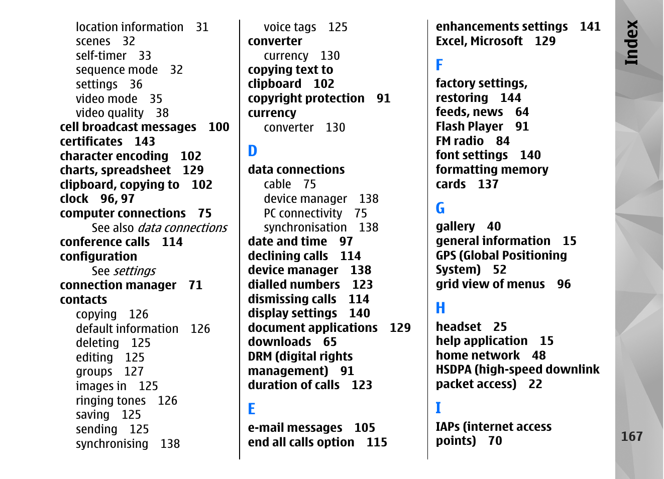 Index | Nokia N82 User Manual | Page 167 / 171