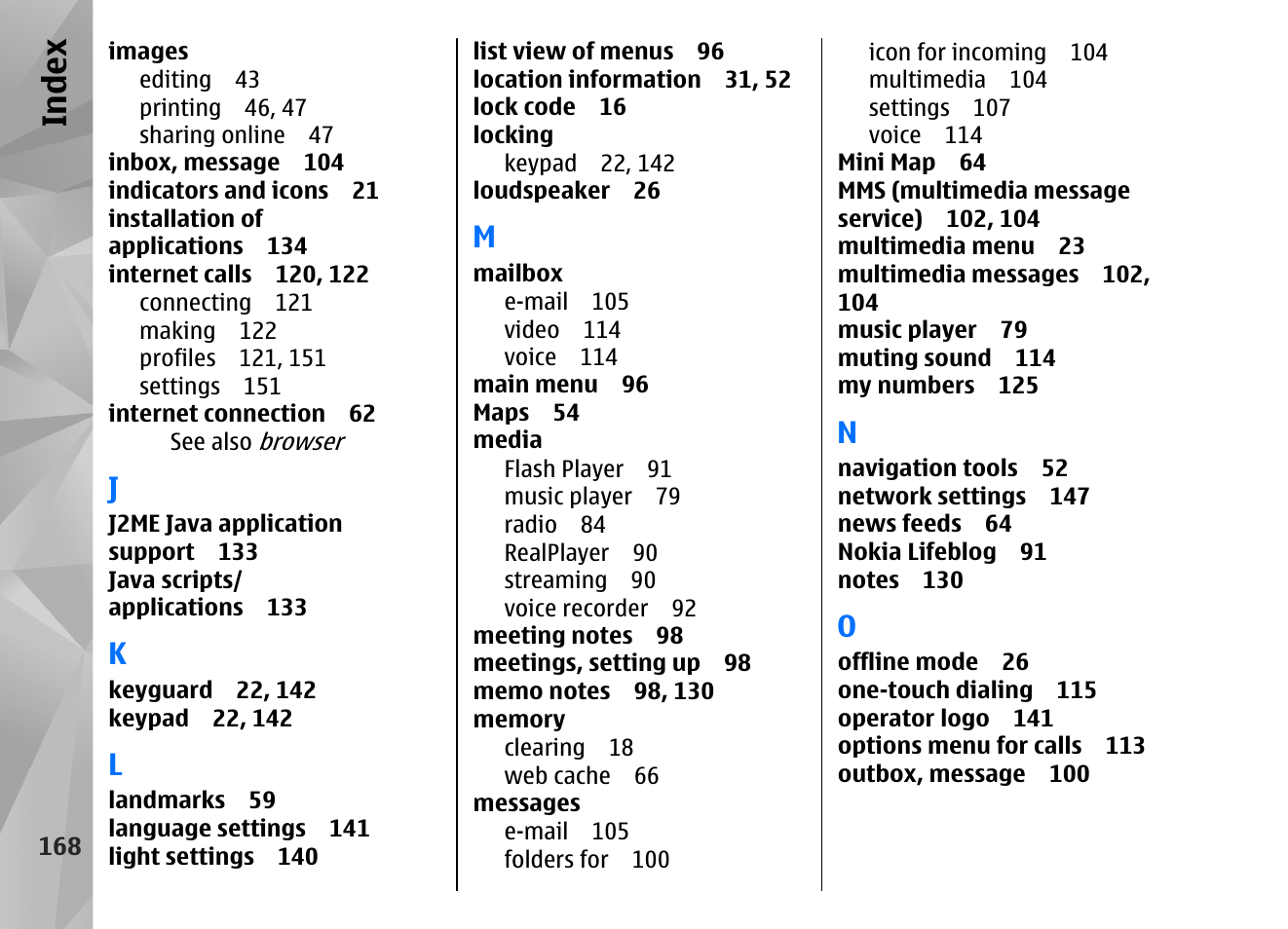 Index | Nokia N82 User Manual | Page 168 / 171