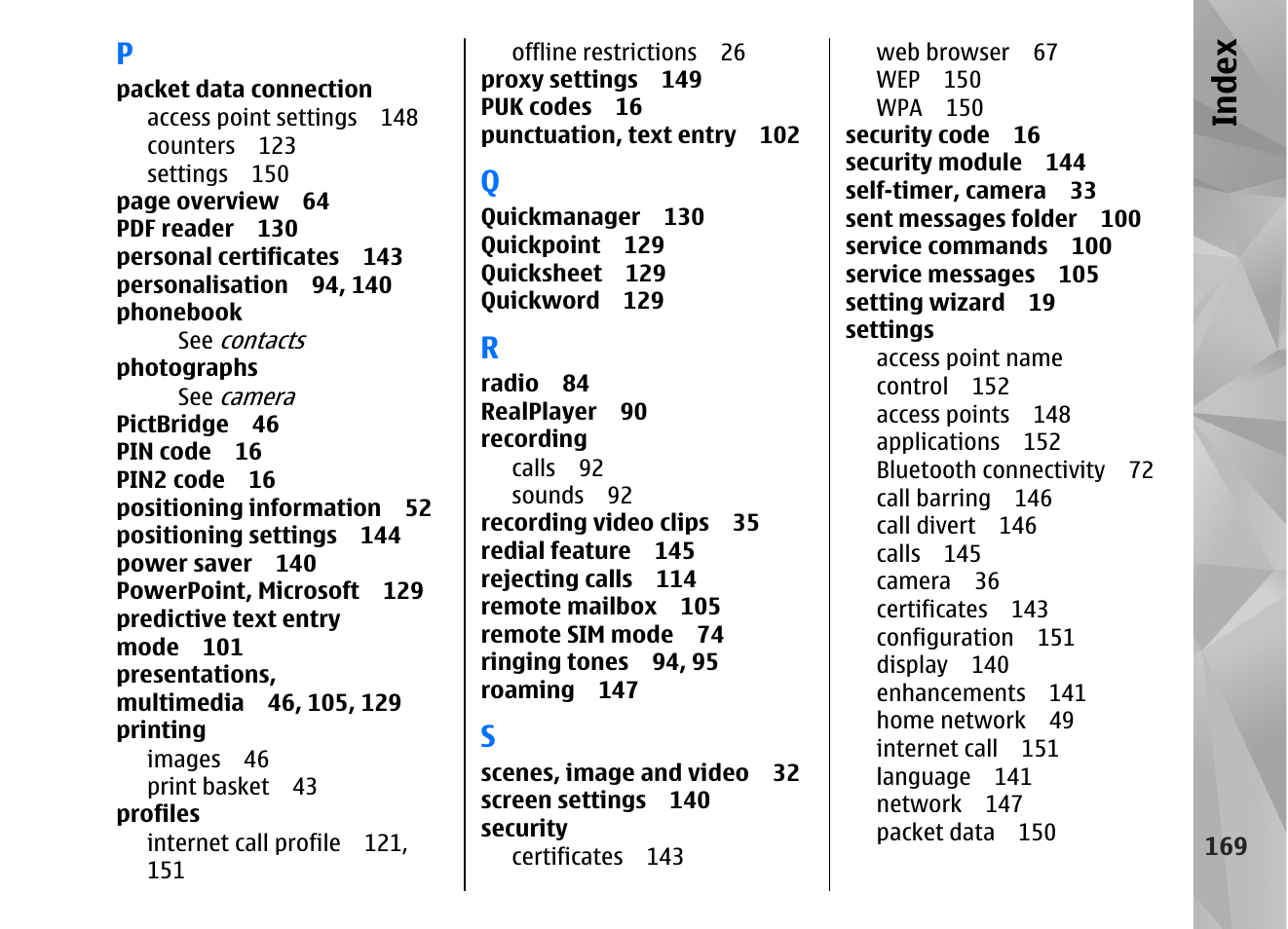 Index | Nokia N82 User Manual | Page 169 / 171