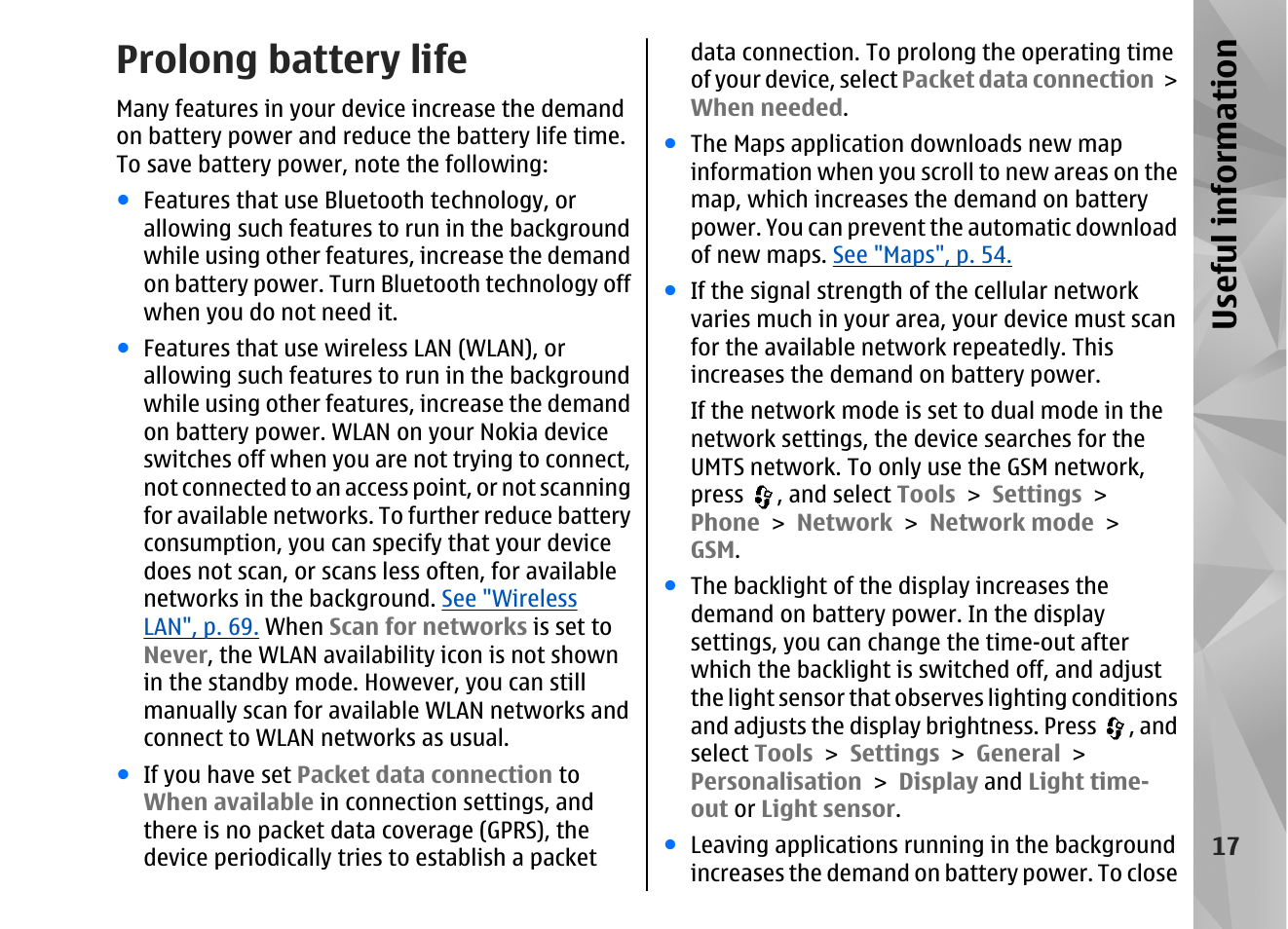 Prolong battery life, Us efu l in formation | Nokia N82 User Manual | Page 17 / 171