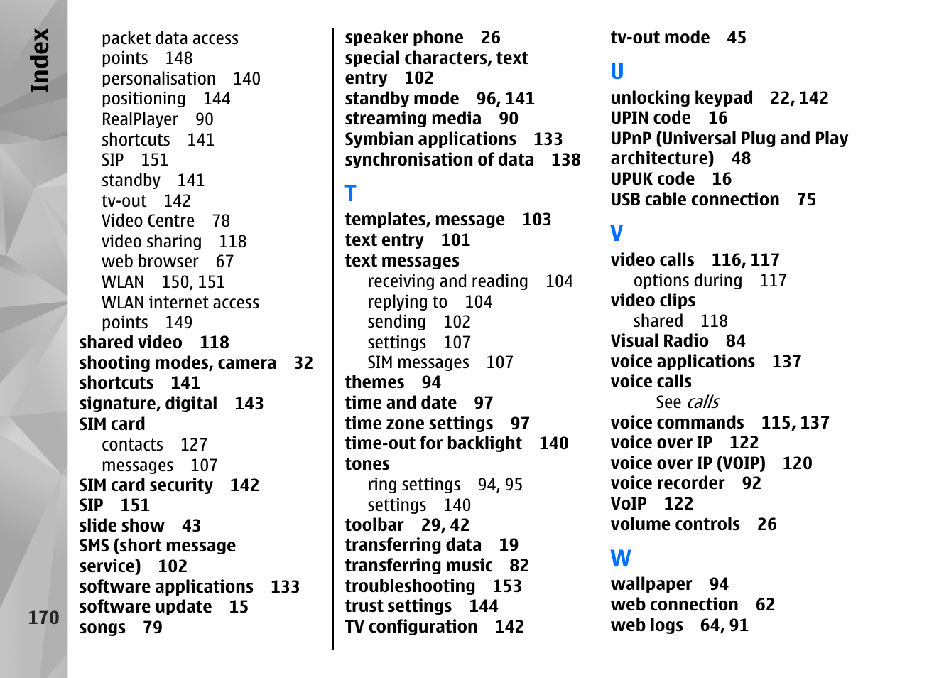 Index | Nokia N82 User Manual | Page 170 / 171