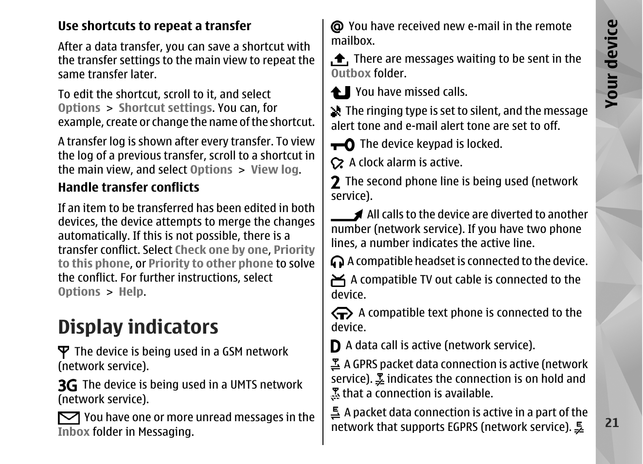 Display indicators, Your device | Nokia N82 User Manual | Page 21 / 171