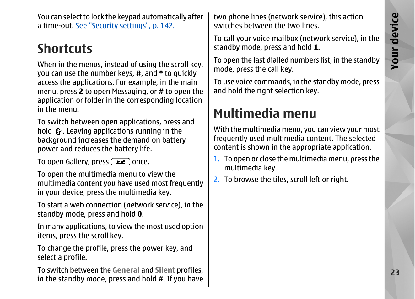 Shortcuts, Multimedia menu, Your device | Nokia N82 User Manual | Page 23 / 171