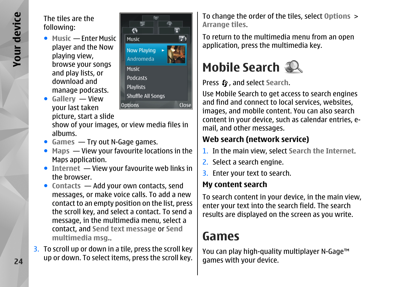 Mobile search, Games, Your device | Nokia N82 User Manual | Page 24 / 171