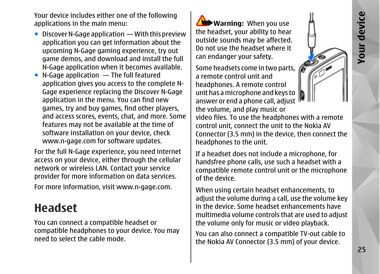 Headset, Your device | Nokia N82 User Manual | Page 25 / 171