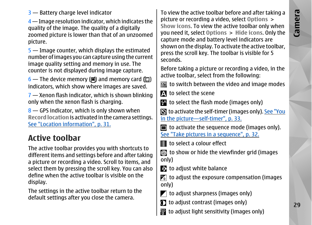 Active toolbar, See "active, Toolbar", p. 29 | Ca mera | Nokia N82 User Manual | Page 29 / 171