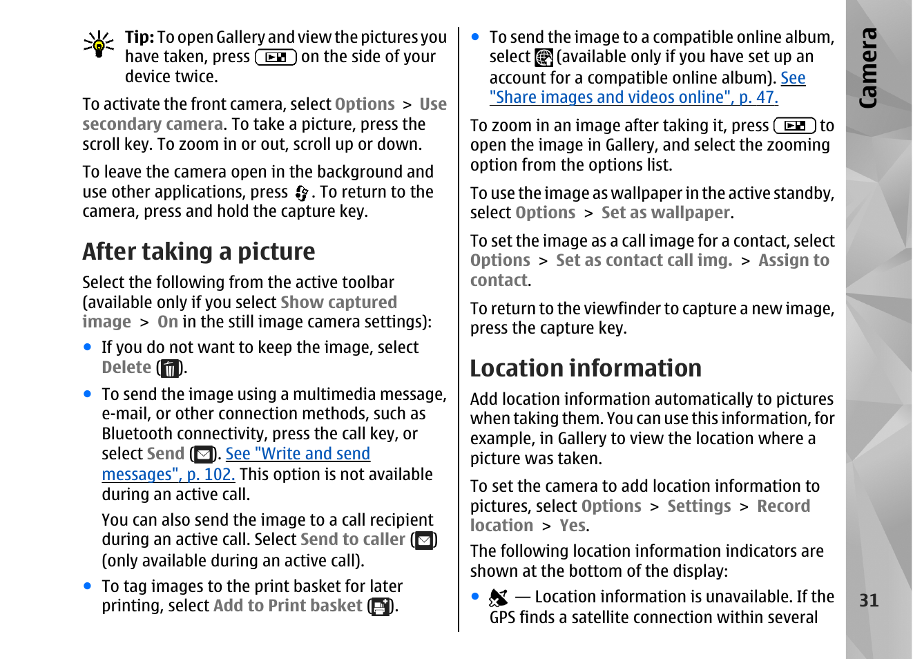 After taking a picture, Location information, See "location information", p. 31 | See "after taking, A picture", p. 31, Ca mera | Nokia N82 User Manual | Page 31 / 171