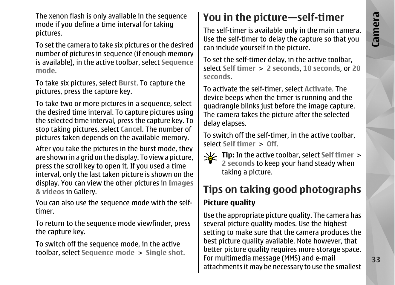 You in the picture—self-timer, Tips on taking good photographs, See "you | In the picture—self-timer", p. 33, Ca mera | Nokia N82 User Manual | Page 33 / 171