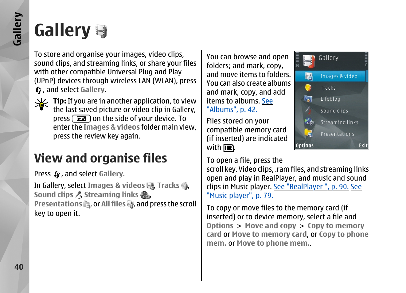 Gallery, View and organise files | Nokia N82 User Manual | Page 40 / 171