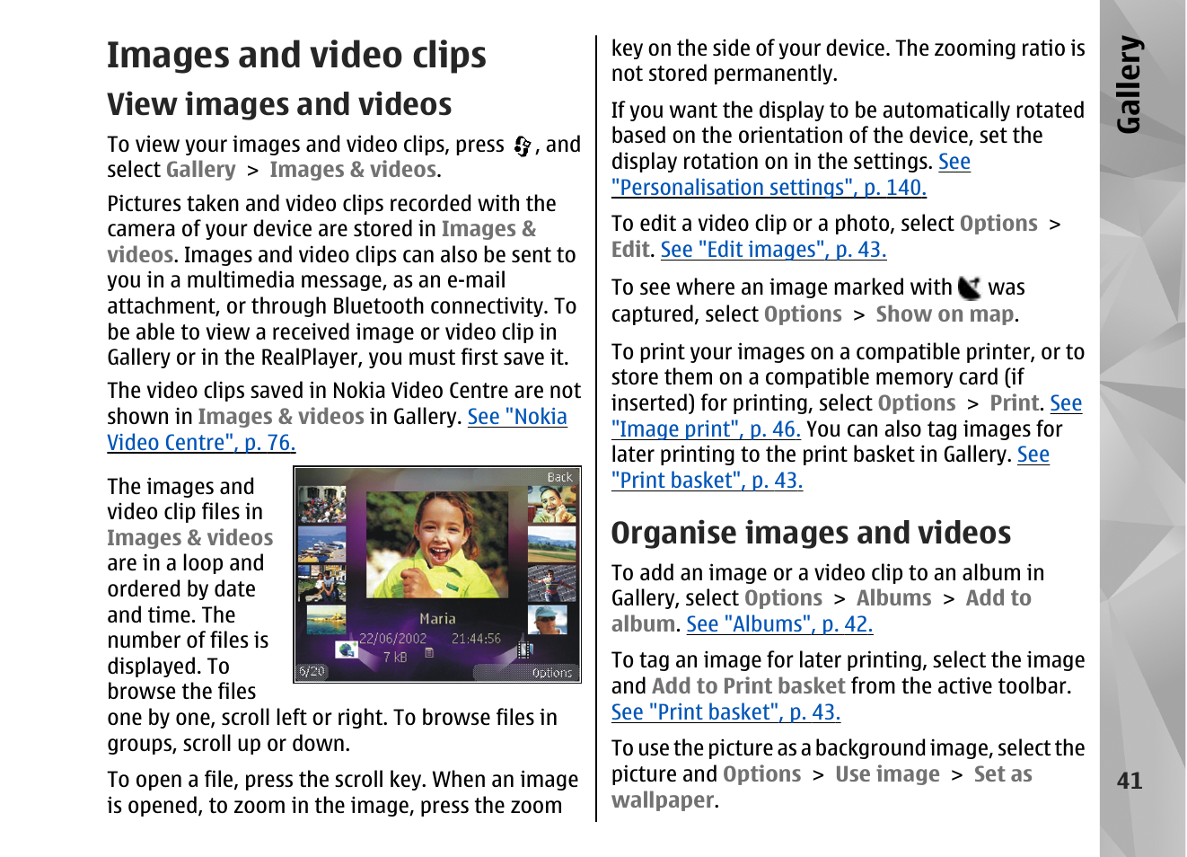 Images and video clips, View images and videos, Organise images and videos | Gallery | Nokia N82 User Manual | Page 41 / 171