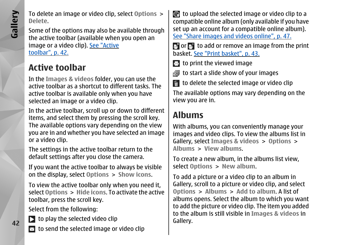 Active toolbar, Albums, See "active toolbar", p. 42 | Albums", p. 42, See "albums", p. 42, Gallery | Nokia N82 User Manual | Page 42 / 171