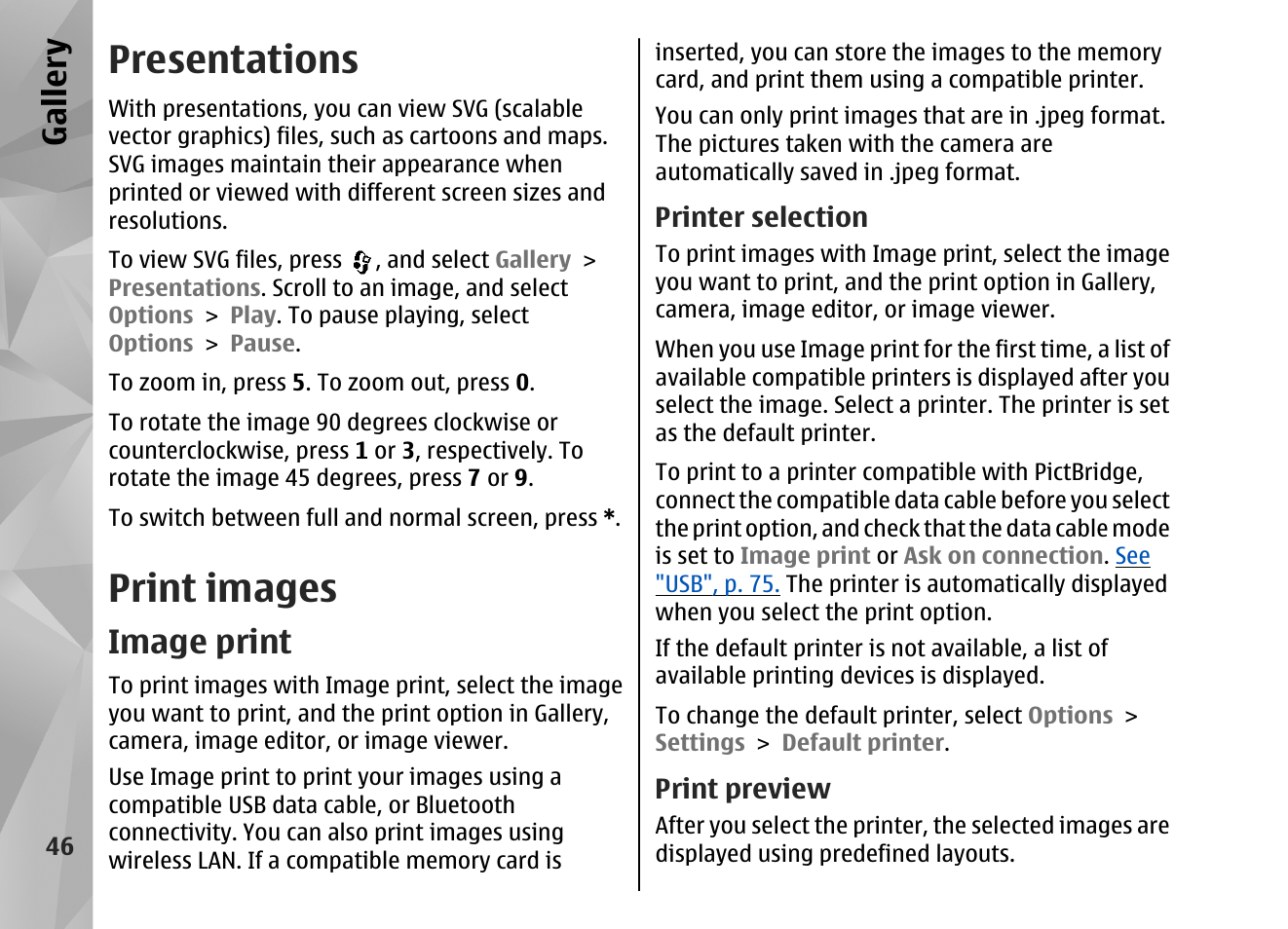 Presentations, Print images, Image print | Printer selection, Print preview, Image print", p. 46, Gallery | Nokia N82 User Manual | Page 46 / 171