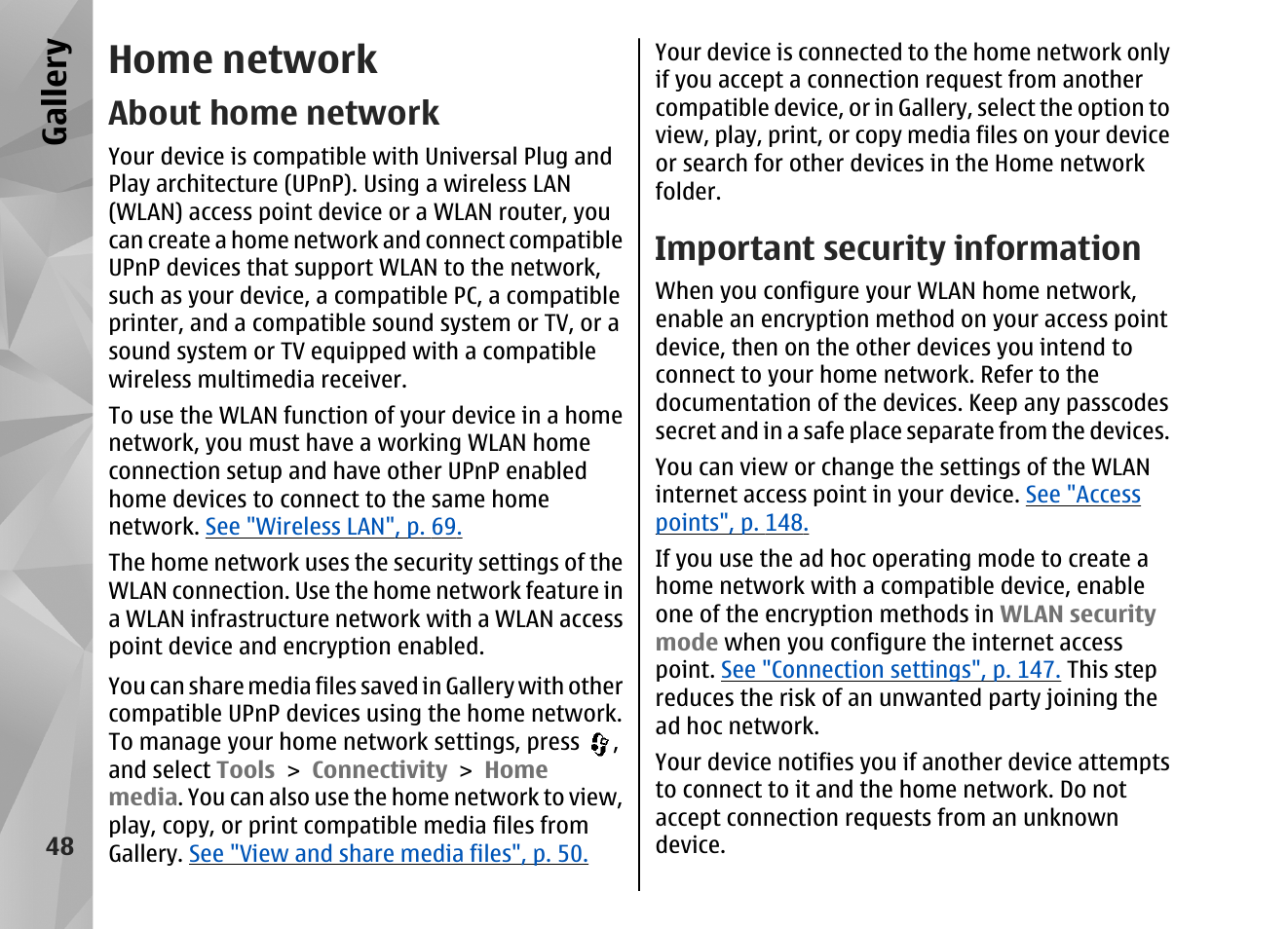 Home network, About home network, Important security information | Gallery | Nokia N82 User Manual | Page 48 / 171