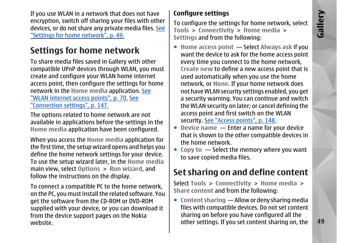 Settings for home network, Set sharing on and define content, Gallery | Nokia N82 User Manual | Page 49 / 171