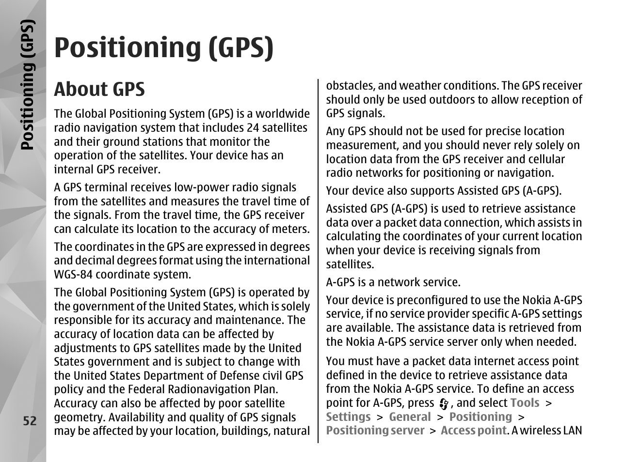 Positioning (gps), About gps, See "positioning (gps)", p. 52 | Nokia N82 User Manual | Page 52 / 171