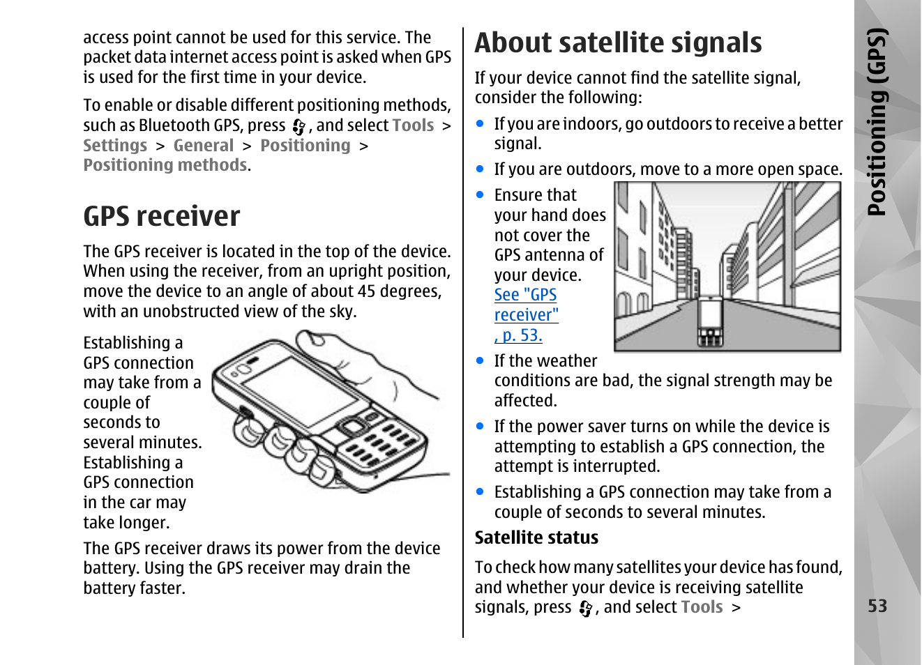 Gps receiver, About satellite signals, Positioning (gps) | Nokia N82 User Manual | Page 53 / 171