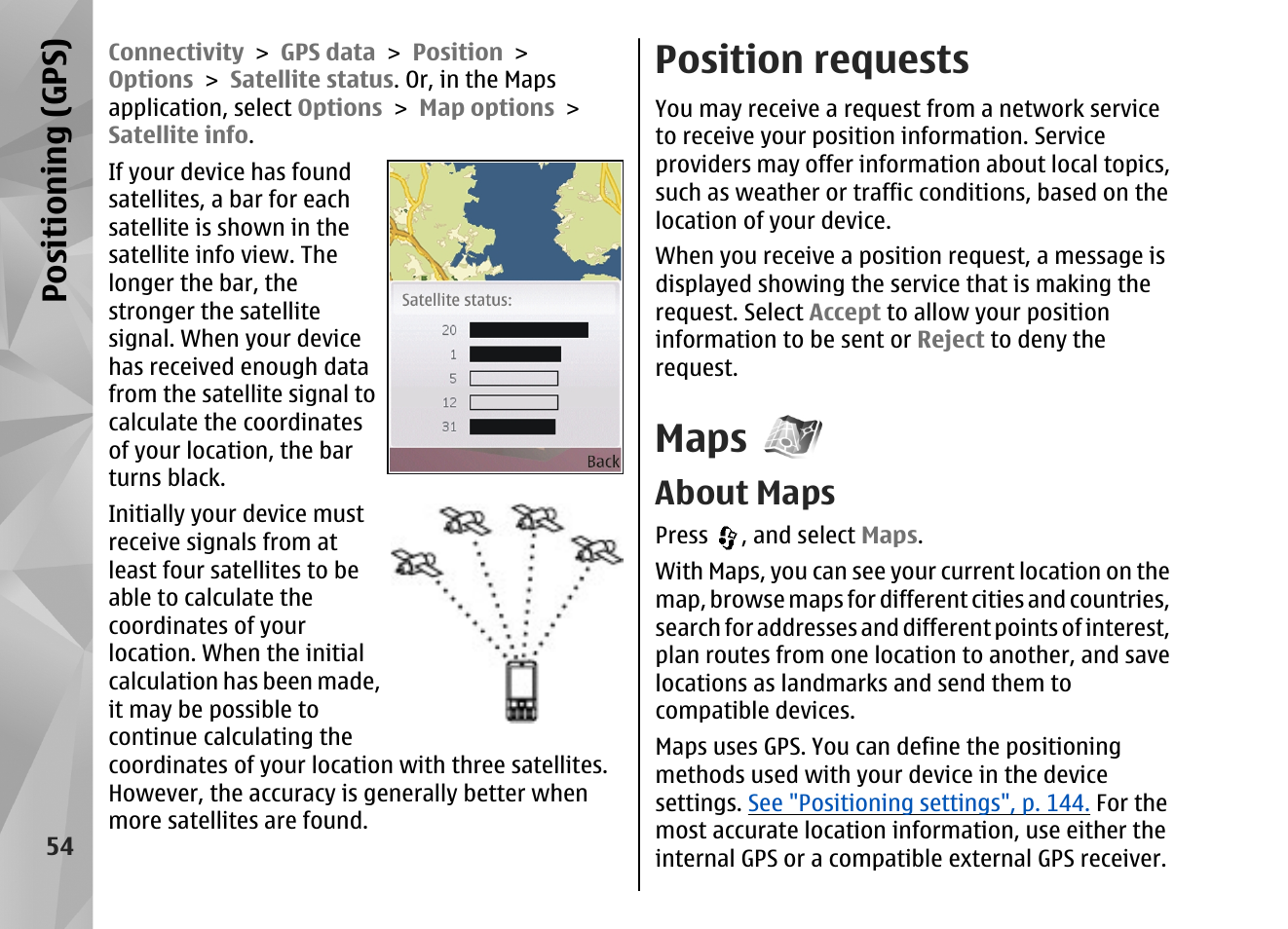 Position requests, Maps, About maps | Positioning (gps) | Nokia N82 User Manual | Page 54 / 171