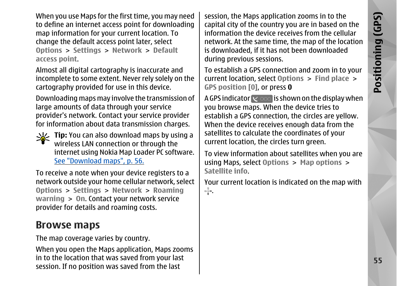 Browse maps, Positioning (gps) | Nokia N82 User Manual | Page 55 / 171