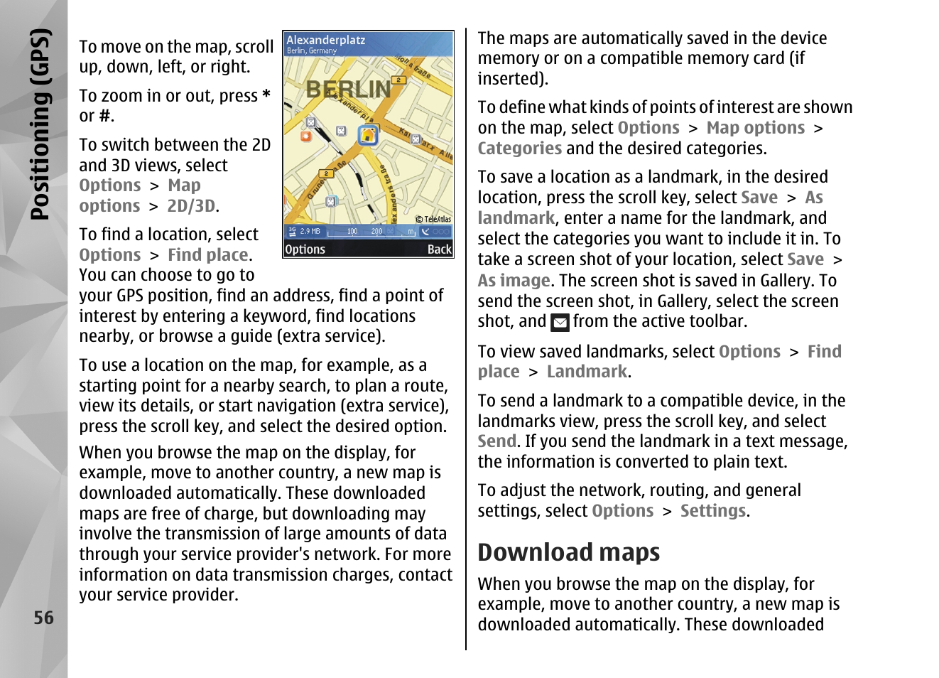 Download maps, Positioning (gps) | Nokia N82 User Manual | Page 56 / 171