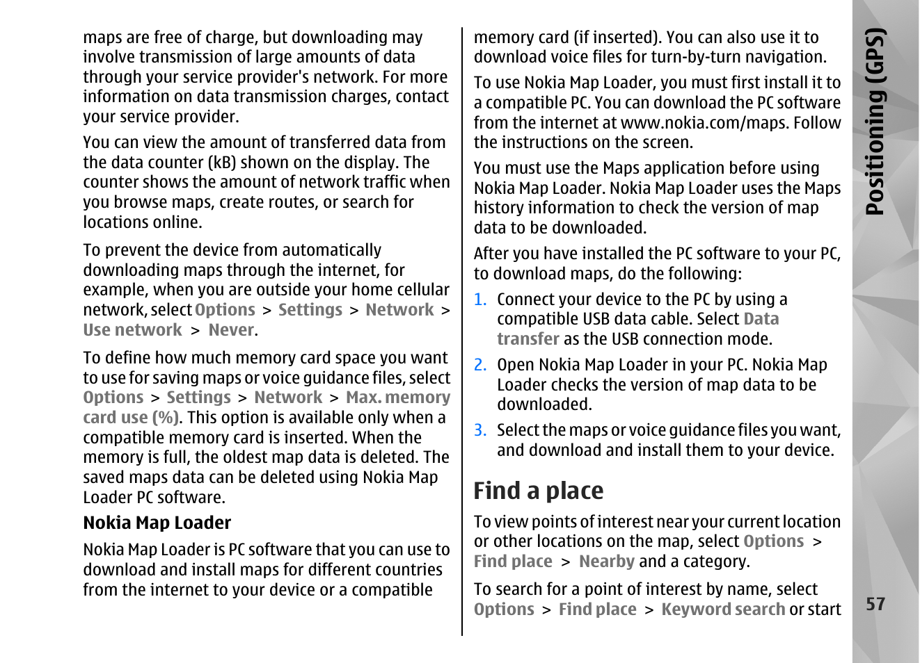 Find a place, Positioning (gps) | Nokia N82 User Manual | Page 57 / 171