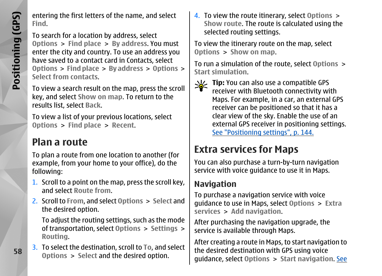 Plan a route, Extra services for maps, Navigation | Positioning (gps) | Nokia N82 User Manual | Page 58 / 171