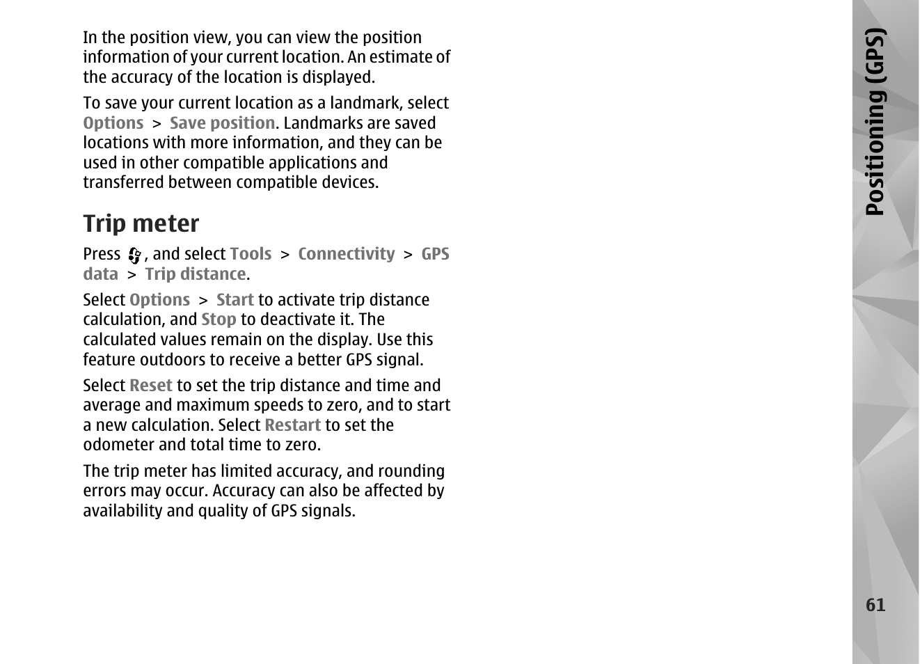 Trip meter, Positioning (gps) | Nokia N82 User Manual | Page 61 / 171