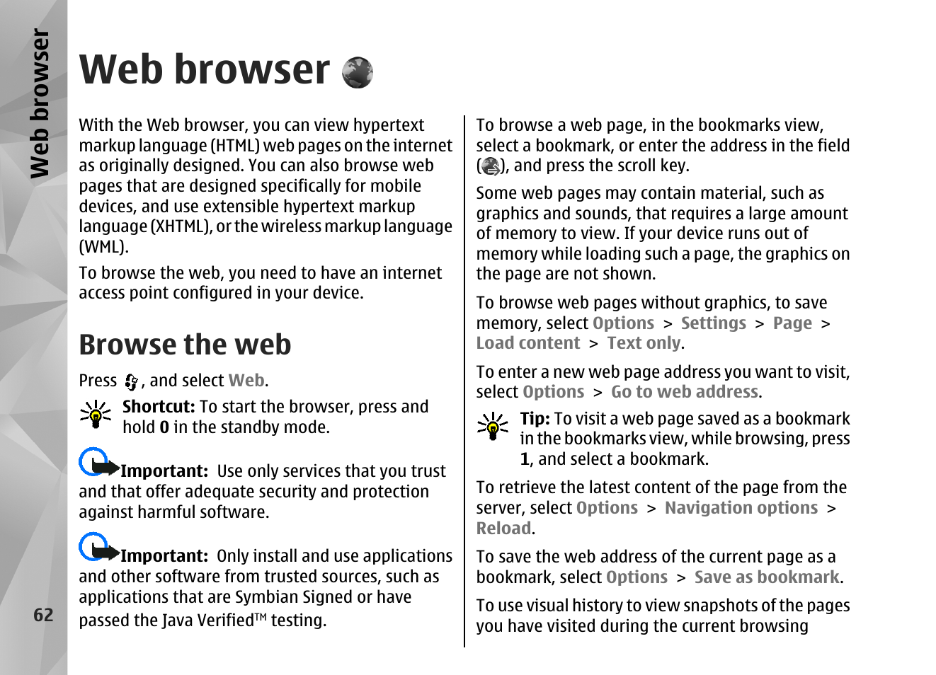 Web browser, Browse the web | Nokia N82 User Manual | Page 62 / 171