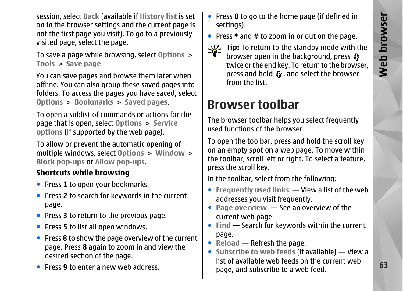 Browser toolbar, Web browser | Nokia N82 User Manual | Page 63 / 171