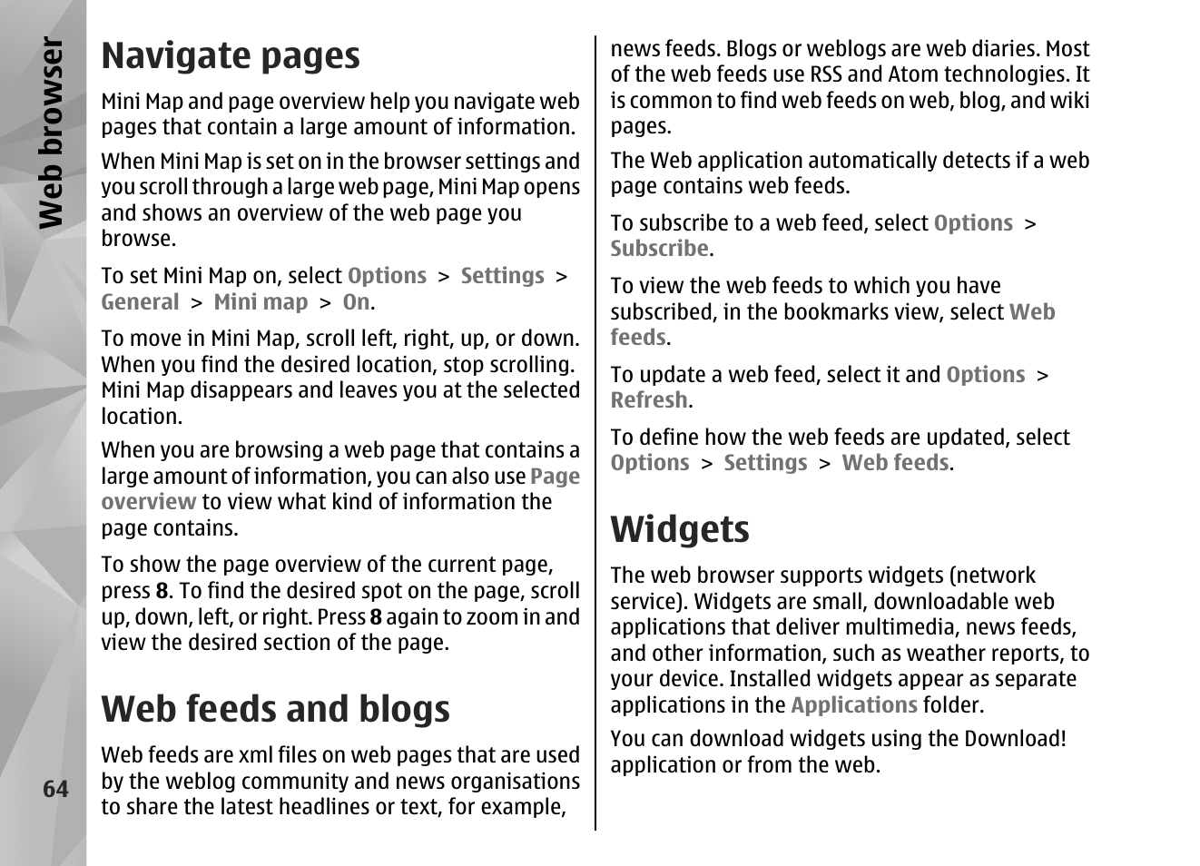 Web feeds and blogs, Widgets, Navigate pages | Web browser | Nokia N82 User Manual | Page 64 / 171